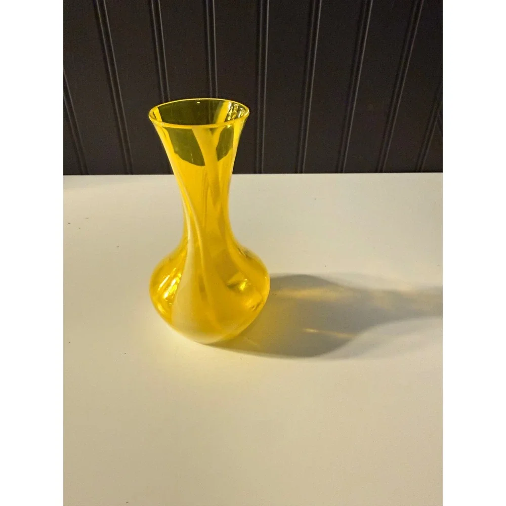 Hand blown yellow and white swirl bud vase